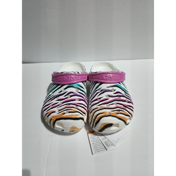 New Kids Crocs Classic Animal Print Clogs Glitter Sandals Multi/white US size J4 - Picture 2 of 7